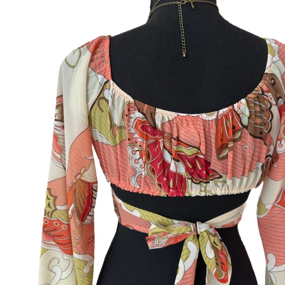 Rue21 ~ Multicolor Paisley Print Long Sleeve Crop Blouse Tie Back Straps size S - Picture 6 of 9